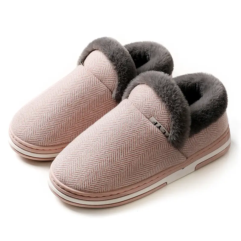 Grey Herringbone Wool Furry Slippers for Men Women Winter Warm - Image 10