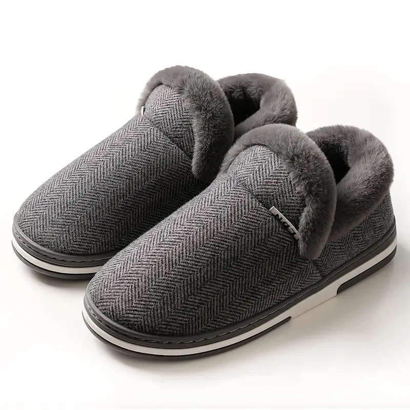Grey Herringbone Wool Furry Slippers for Men Women Winter Warm - Image 4