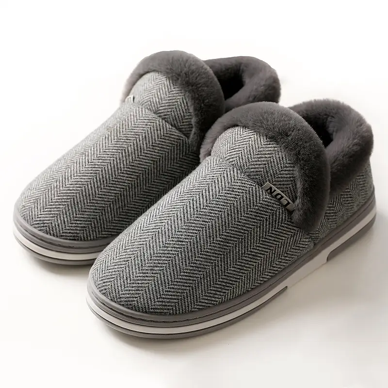 Grey Herringbone Wool Furry Slippers for Men Women Winter Warm - Image 5