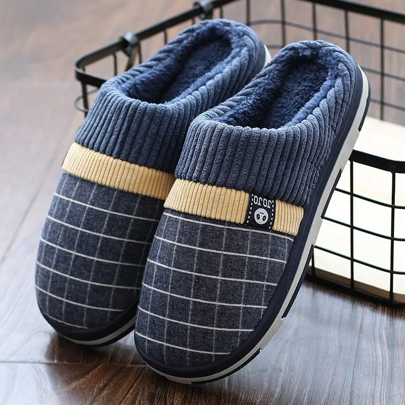 Men's Blue Checkered Korean Home Slippers Warm Winter