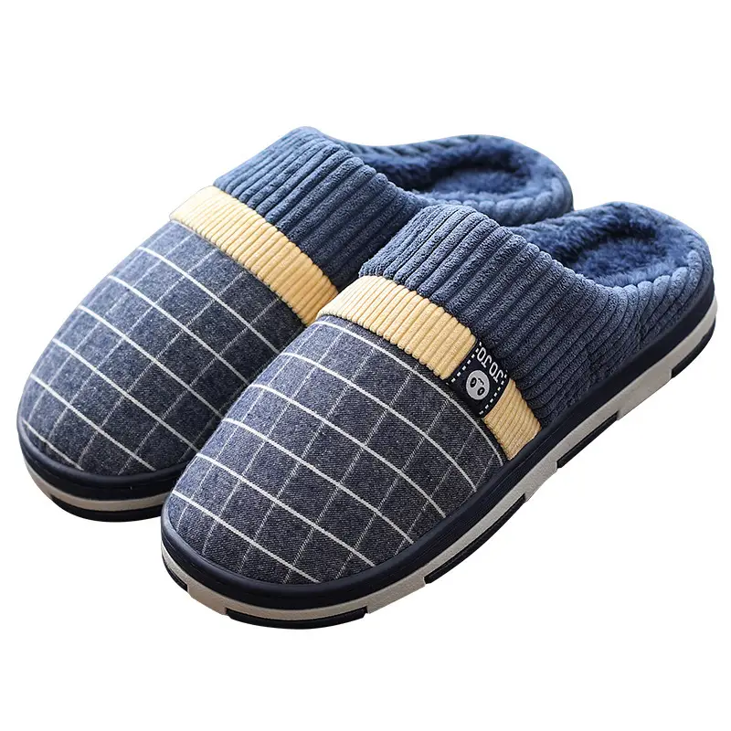 Men's Blue Checkered Korean Home Slippers Warm Winter