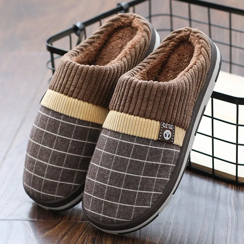 Men's Blue Checkered Korean Home Slippers Warm Winter