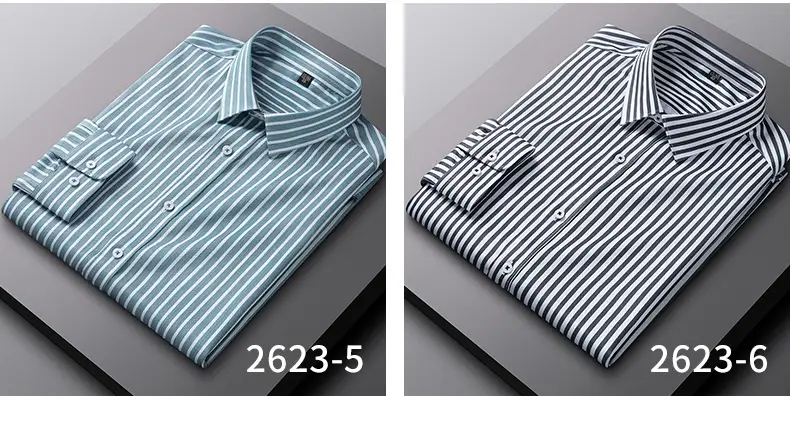 Men's Blue Striped Long Sleeve Shirt Elastic Anti-Wrinkle — feature 35