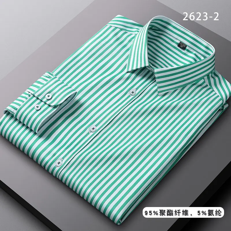 Men's Blue Striped Long Sleeve Shirt Elastic Anti-Wrinkle - Image 10