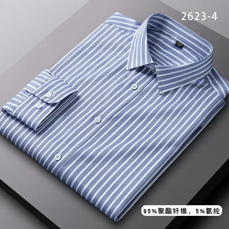 Men's Blue Striped Long Sleeve Shirt Elastic Anti-Wrinkle - Image 11