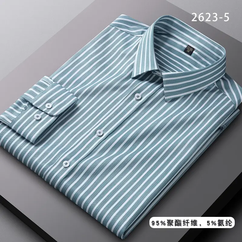 Men's Blue Striped Long Sleeve Shirt Elastic Anti-Wrinkle - Image 12