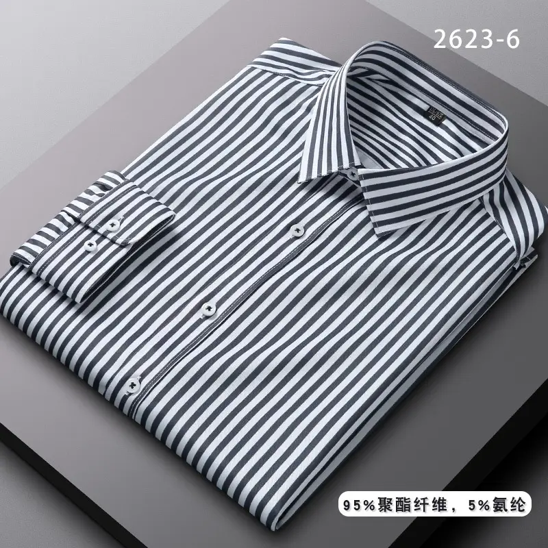 Men's Blue Striped Long Sleeve Shirt Elastic Anti-Wrinkle - Image 13