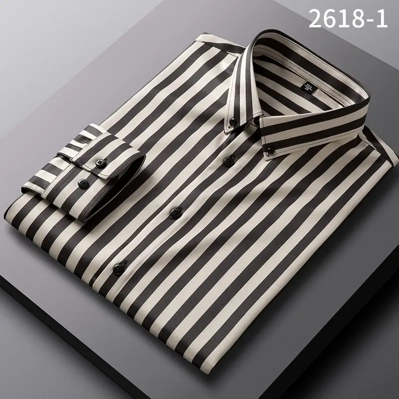 Men's Blue Striped Long Sleeve Shirt Elastic Anti-Wrinkle - Image 14