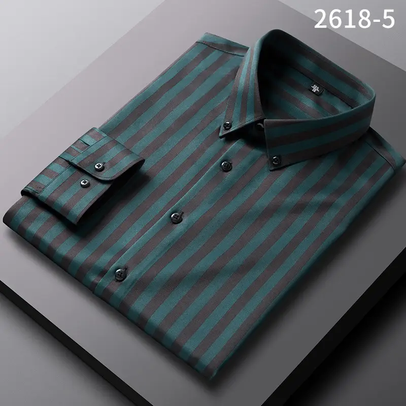 Men's Blue Striped Long Sleeve Shirt Elastic Anti-Wrinkle - Image 15