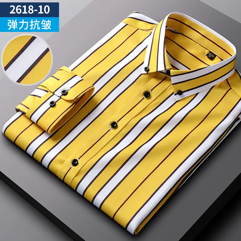 Men's Blue Striped Long Sleeve Shirt Elastic Anti-Wrinkle - Image 16
