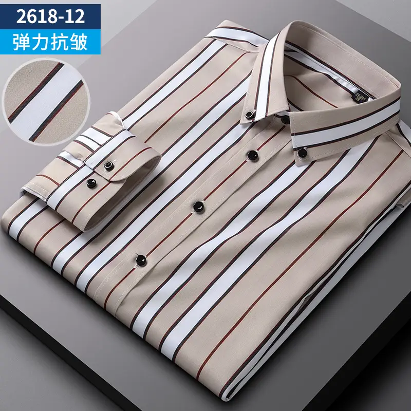 Men's Blue Striped Long Sleeve Shirt Elastic Anti-Wrinkle - Image 17