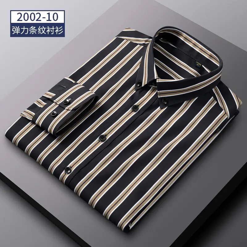 Men's Blue Striped Long Sleeve Shirt Elastic Anti-Wrinkle - Image 2