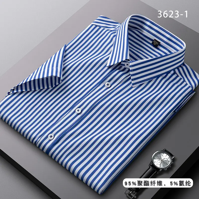 Men's Blue Striped Long Sleeve Shirt Elastic Anti-Wrinkle - Image 23