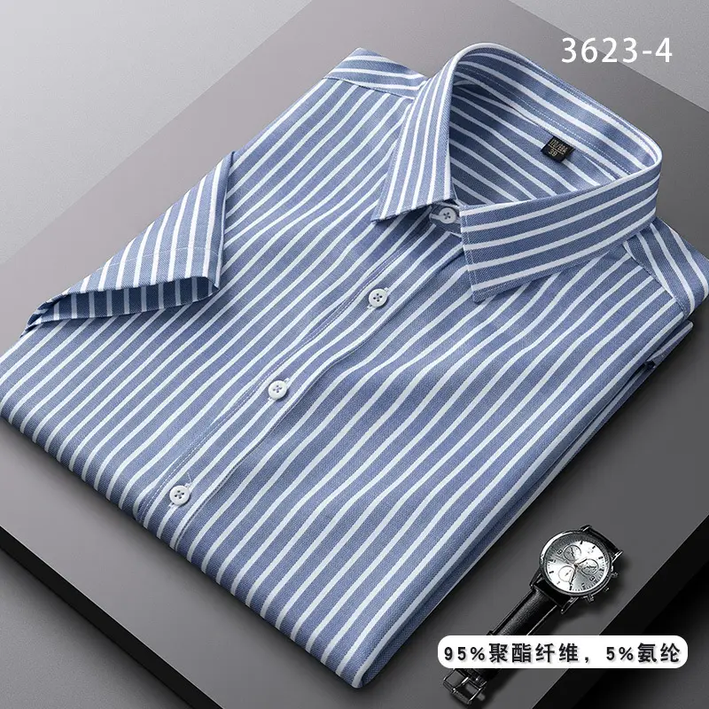 Men's Blue Striped Long Sleeve Shirt Elastic Anti-Wrinkle - Image 26