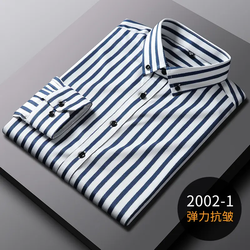 Men's Blue Striped Long Sleeve Shirt Elastic Anti-Wrinkle - Image 5