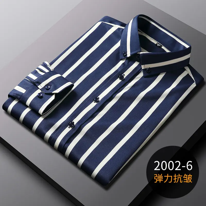 Men's Blue Striped Long Sleeve Shirt Elastic Anti-Wrinkle - Image 7