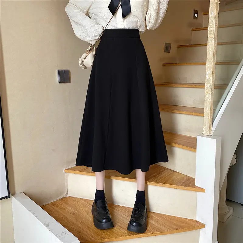 Woolen A-Line Skirt Black High Waist 2022 — feature 10