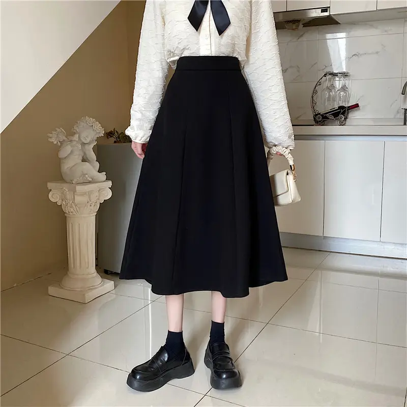 Woolen A-Line Skirt Black High Waist 2022 — feature 11