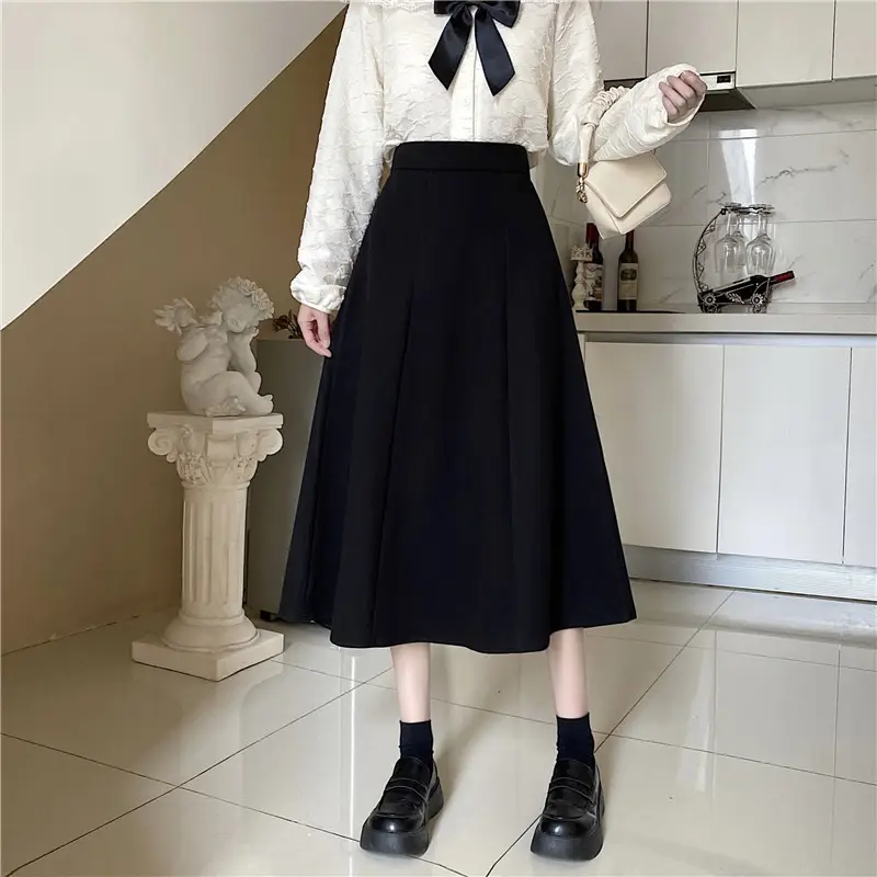 Woolen A-Line Skirt Black High Waist 2022 — feature 12