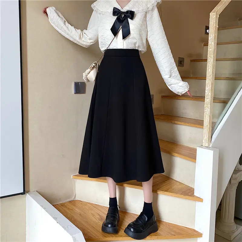 Woolen A-Line Skirt Black High Waist 2022 — feature 9