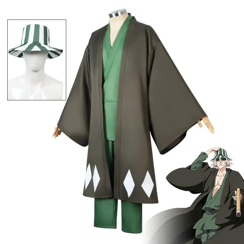 Anime Kimono Hat Green White Striped Anime Game Suit - Image 3