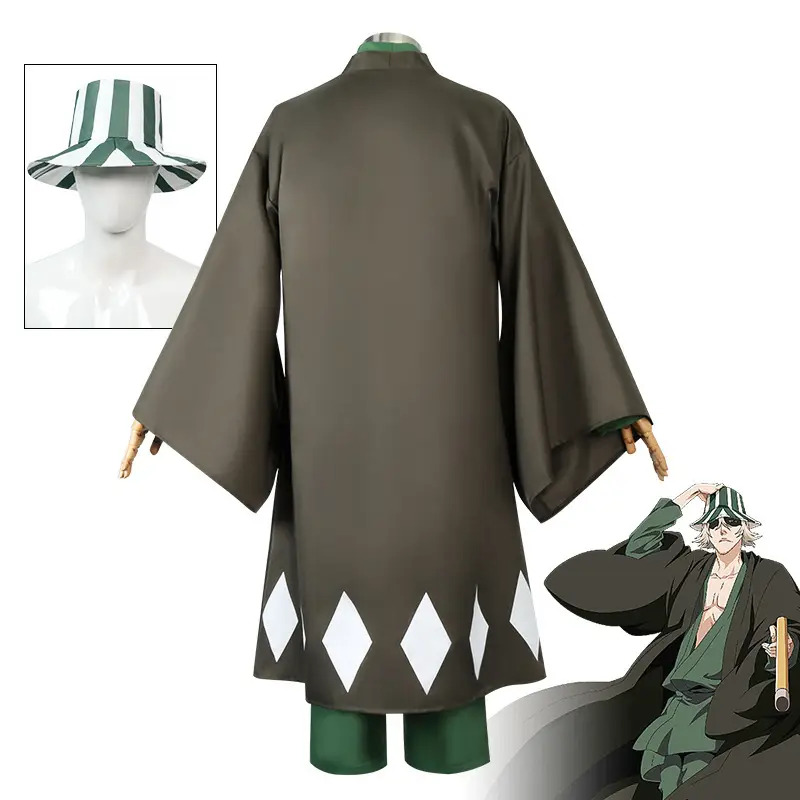 Anime Kimono Hat Green White Striped Anime Game Suit - Image 4
