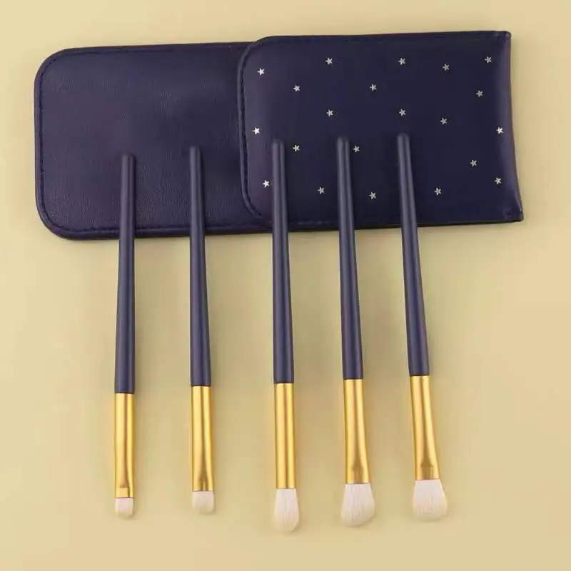 5 Pcs Soft Wool Eye Makeup Brush Set with Gold Handles - Image 3