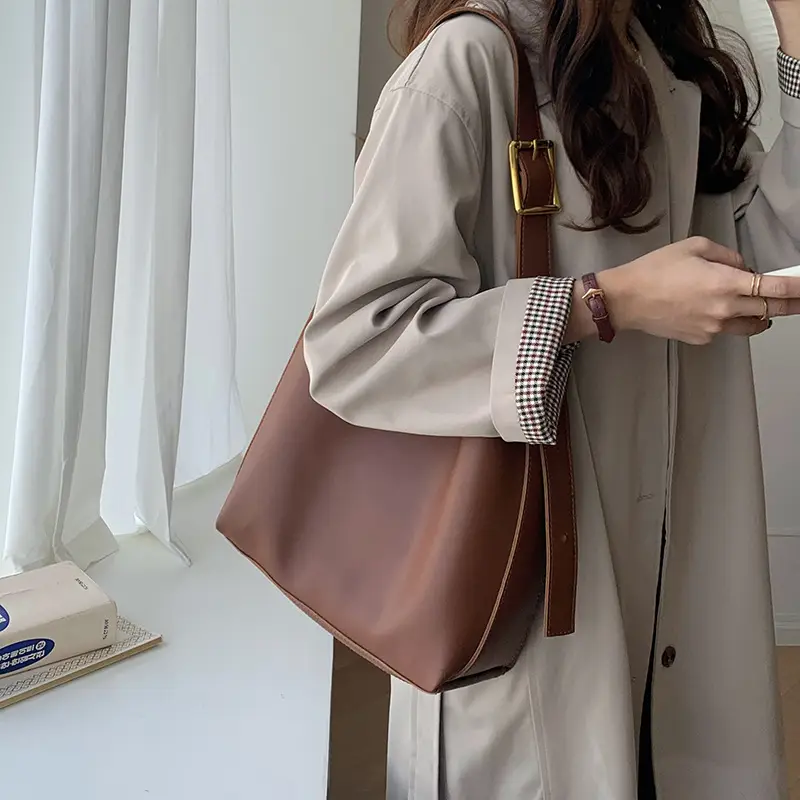 Women Large Capacity Bag Brown Leather Bucket Shoulder Crossbody - Image 4
