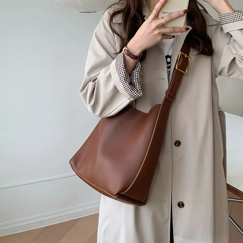 Women Large Capacity Bag Brown Leather Bucket Shoulder Crossbody - Image 5