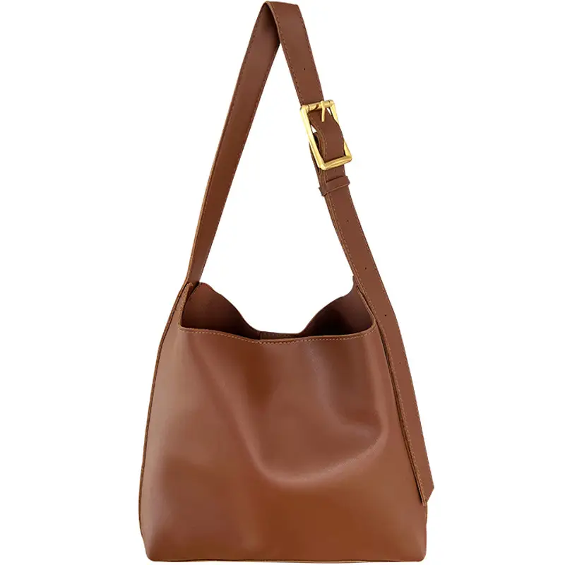 Women Large Capacity Bag Brown Leather Bucket Shoulder Crossbody - Image 7