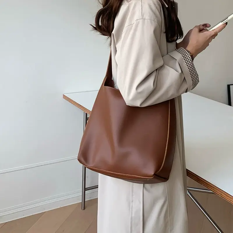 Women Large Capacity Bag Brown Leather Bucket Shoulder Crossbody — feature 12
