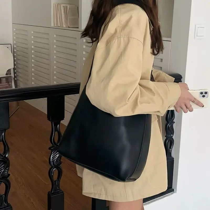Women Large Capacity Bag Brown Leather Bucket Shoulder Crossbody — feature 16