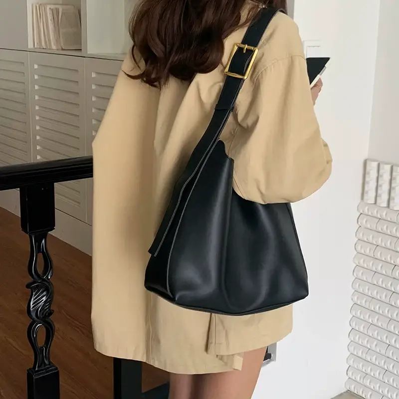 Women Large Capacity Bag Brown Leather Bucket Shoulder Crossbody — feature 19