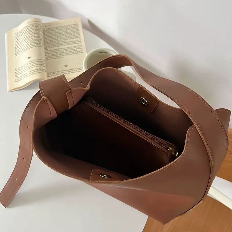 Women Large Capacity Bag Brown Leather Bucket Shoulder Crossbody — feature 3