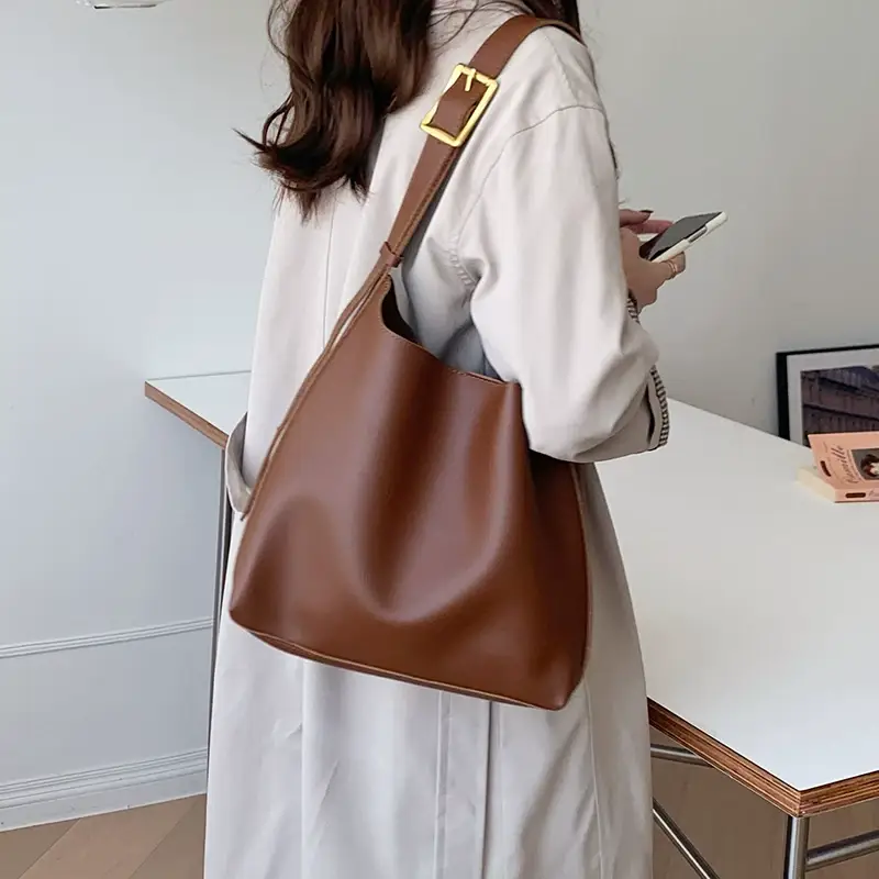 Women Large Capacity Bag Brown Leather Bucket Shoulder Crossbody — feature 8
