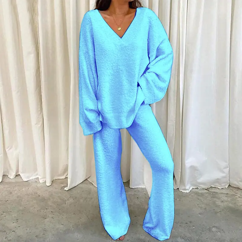 2022 V-neck Casual Two-Piece Winter Suit Grey - Image 2