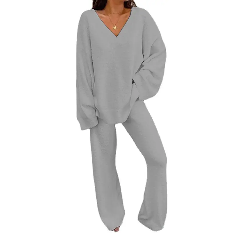 2022 V-neck Casual Two-Piece Winter Suit Grey - Image 7