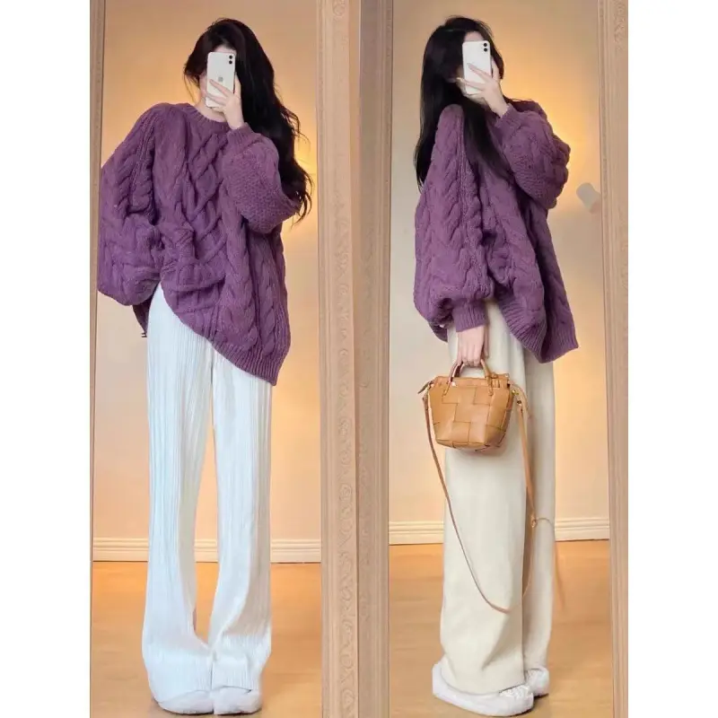 Purple Wavy Twist Women's Sweater Winter Warm Loose - Image 6