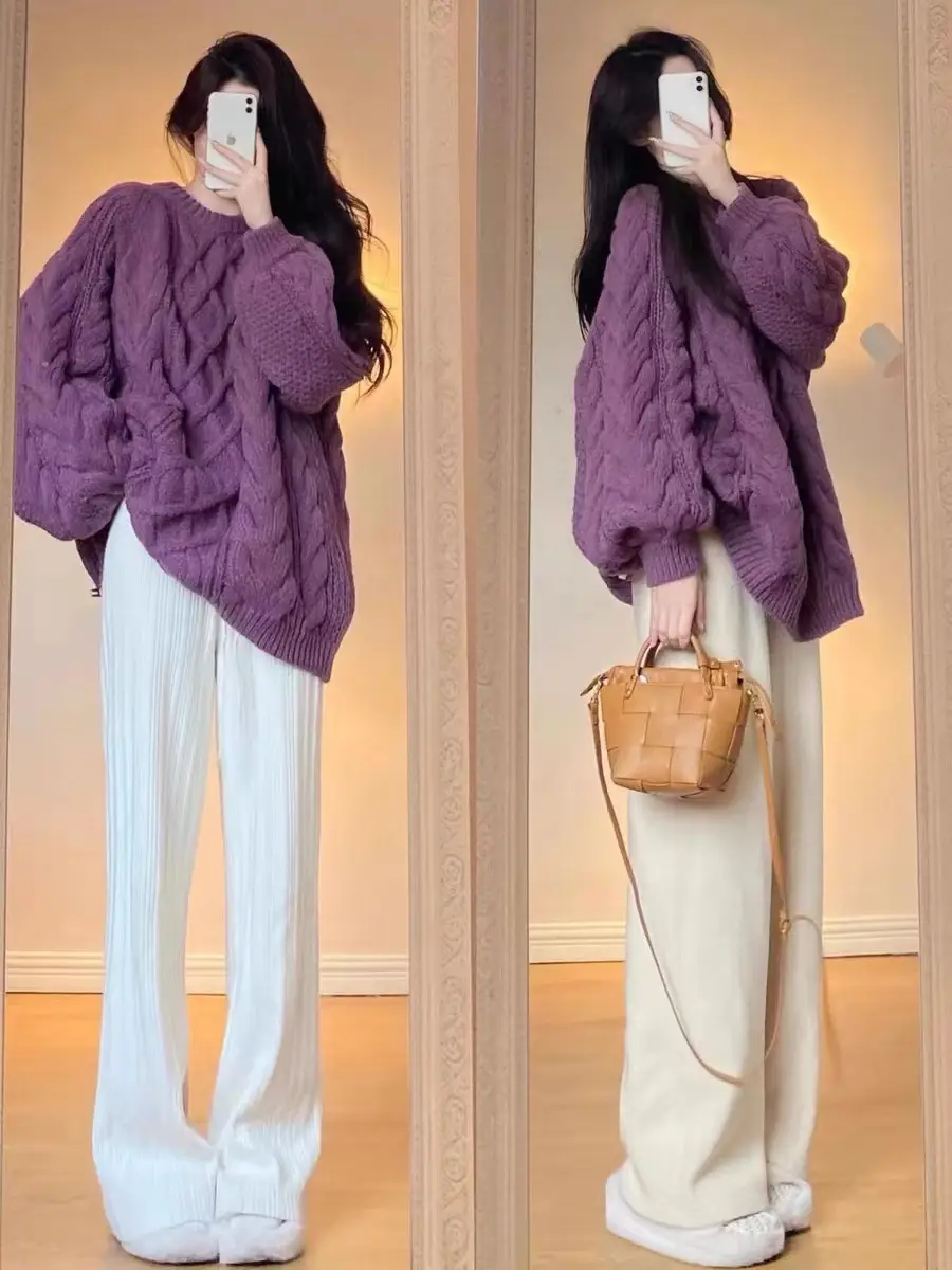 Purple Wavy Twist Women's Sweater Winter Warm Loose — feature 4