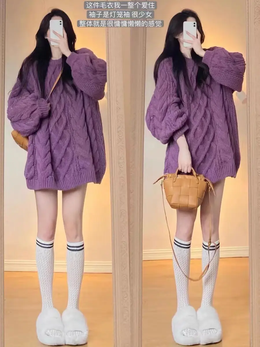 Purple Wavy Twist Women's Sweater Winter Warm Loose — feature 5