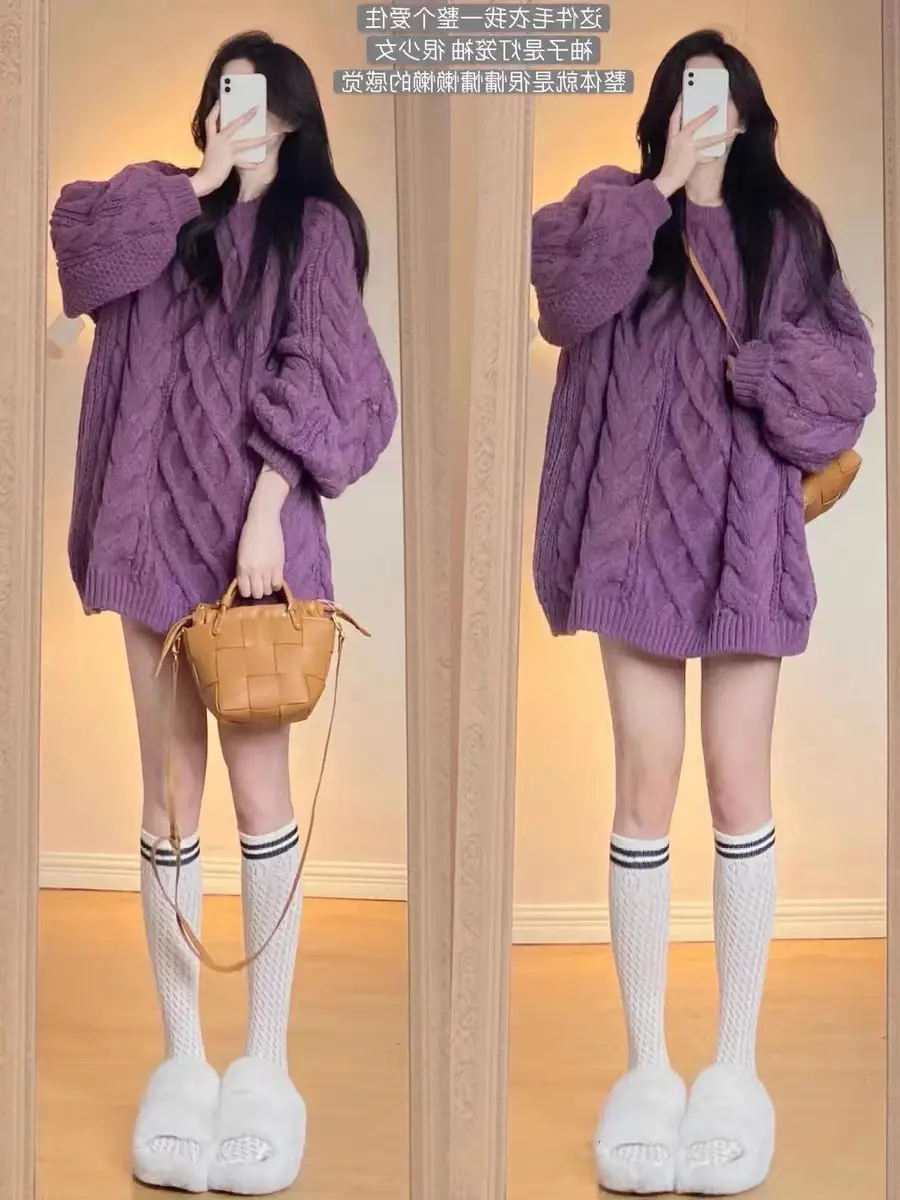 Purple Wavy Twist Women's Sweater Winter Warm Loose — feature 6