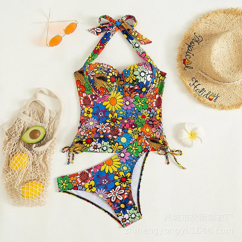 2023 Muslim Printed Floral Split Neck Bikini Set - Image 2