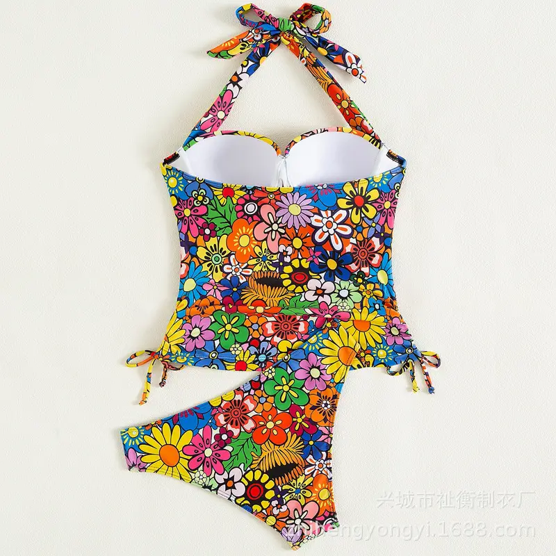 2023 Muslim Printed Floral Split Neck Bikini Set - Image 3