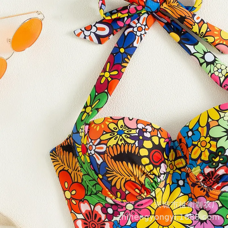 2023 Muslim Printed Floral Split Neck Bikini Set - Image 4