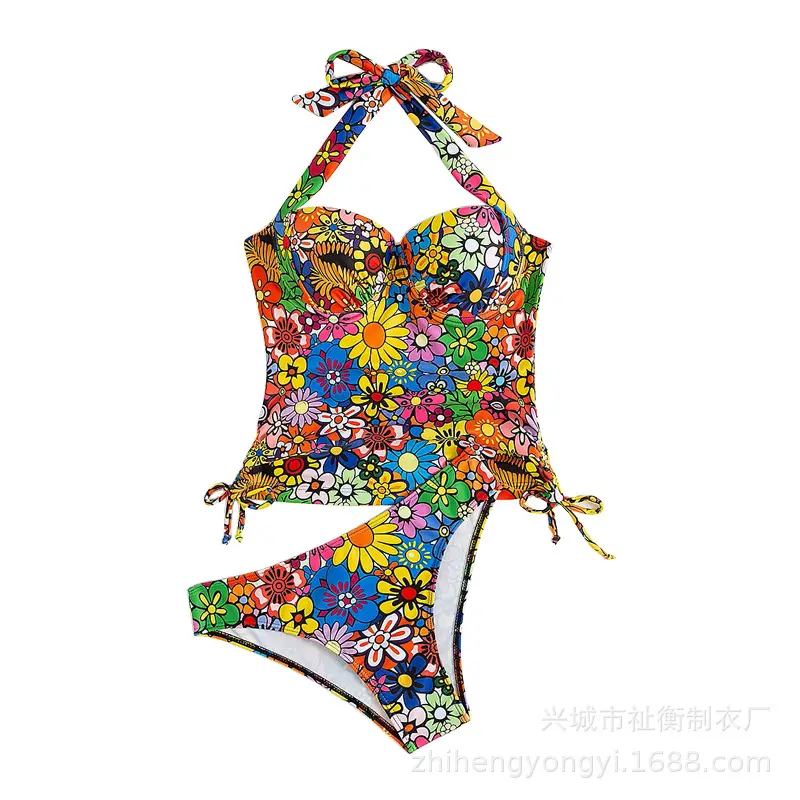 2023 Muslim Printed Floral Split Neck Bikini Set - Image 5