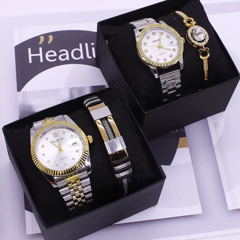 Couples Watch Set Gold Silver Waterproof Quartz Bracelet - Image 20
