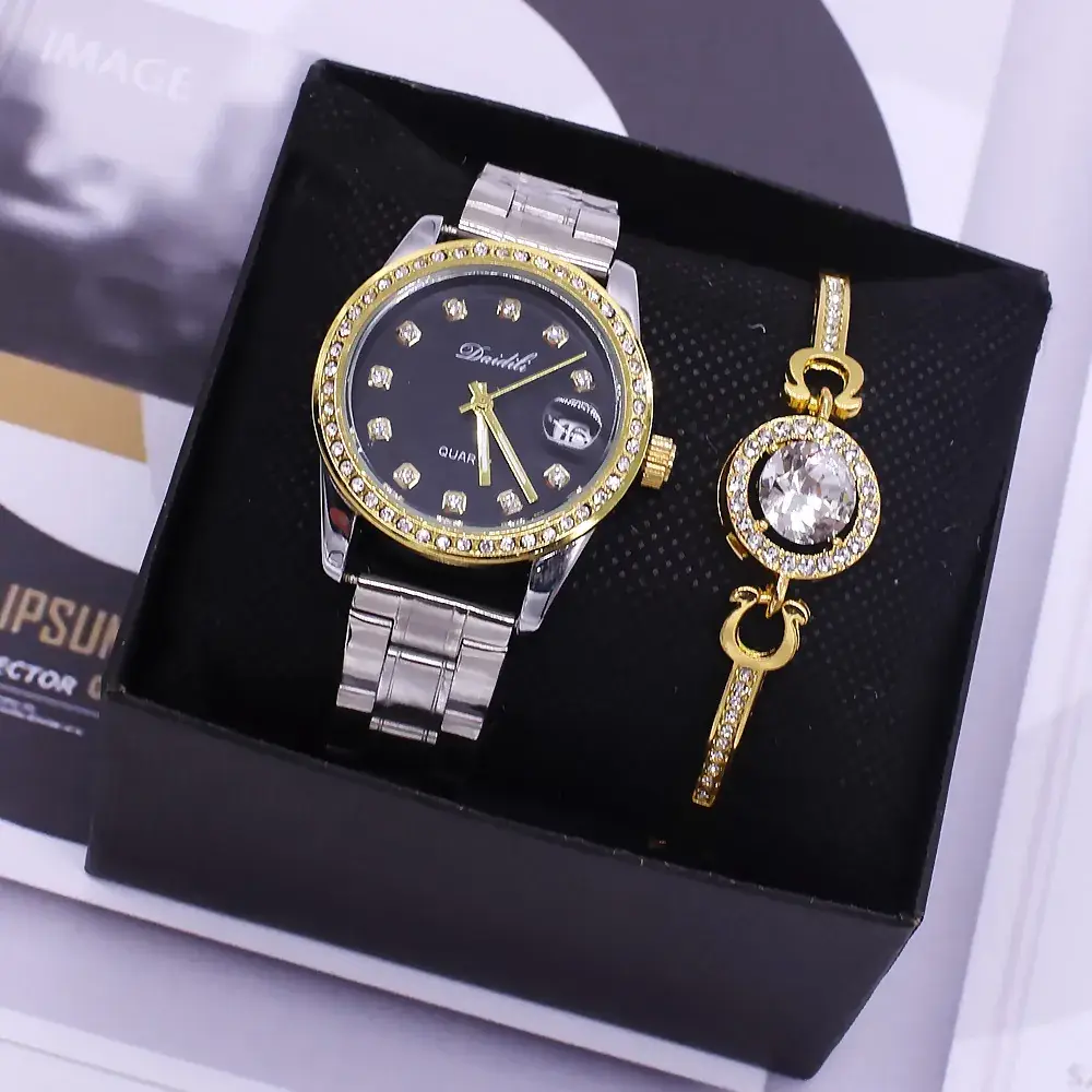Couples Watch Set Gold Silver Waterproof Quartz Bracelet - Image 2