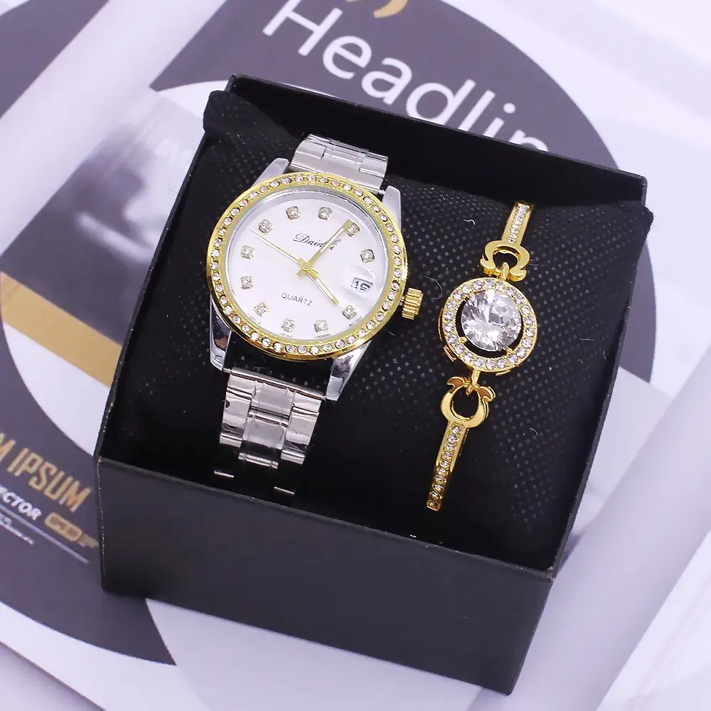 Couples Watch Set Gold Silver Waterproof Quartz Bracelet - Image 4