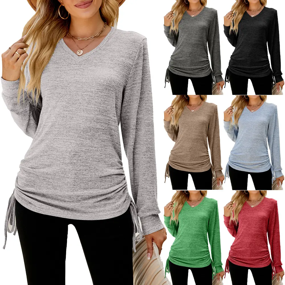 Women Long Sleeve V Neck Pleated T-Shirt Brown - Image 8
