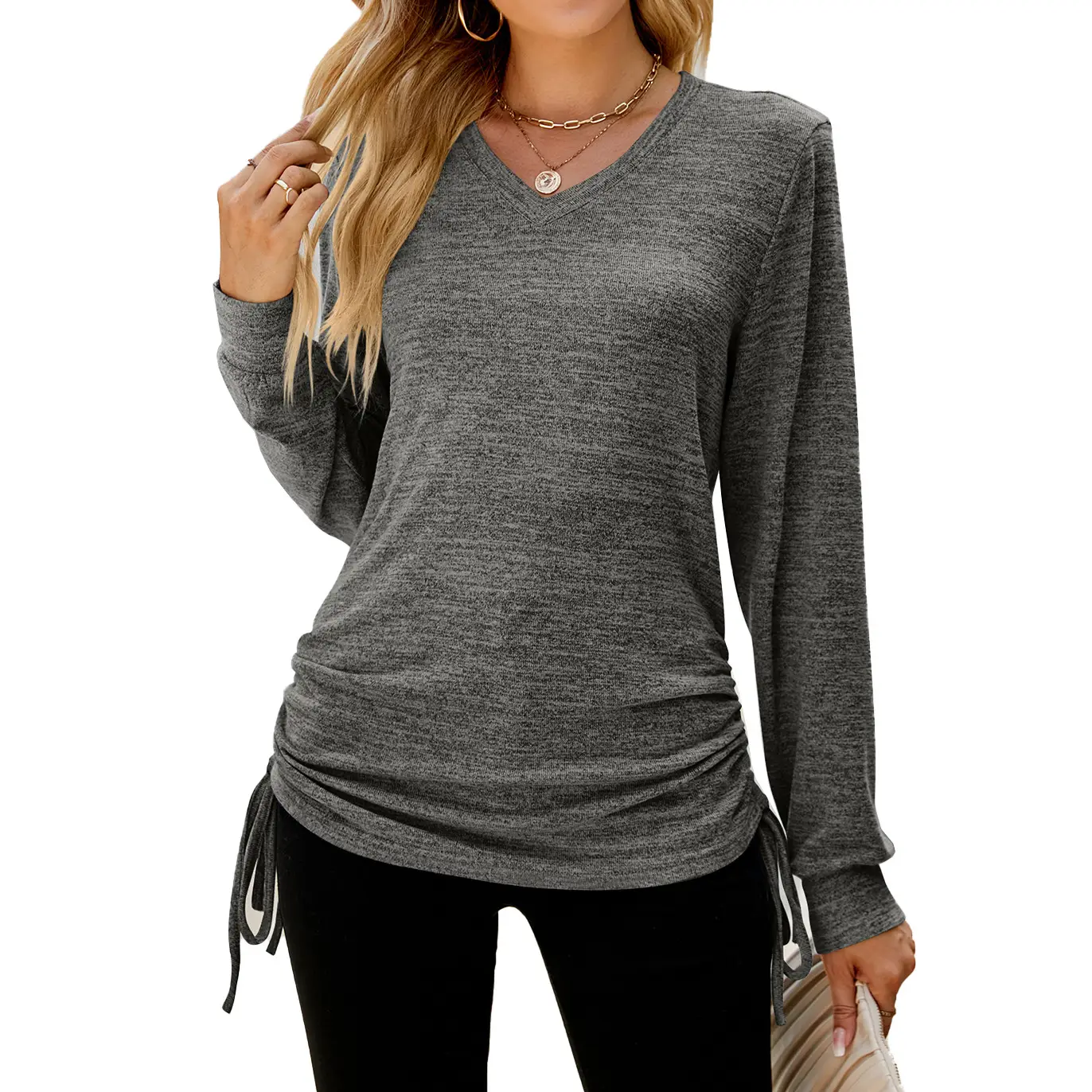 Women Long Sleeve V Neck Pleated T-Shirt Brown - Image 4